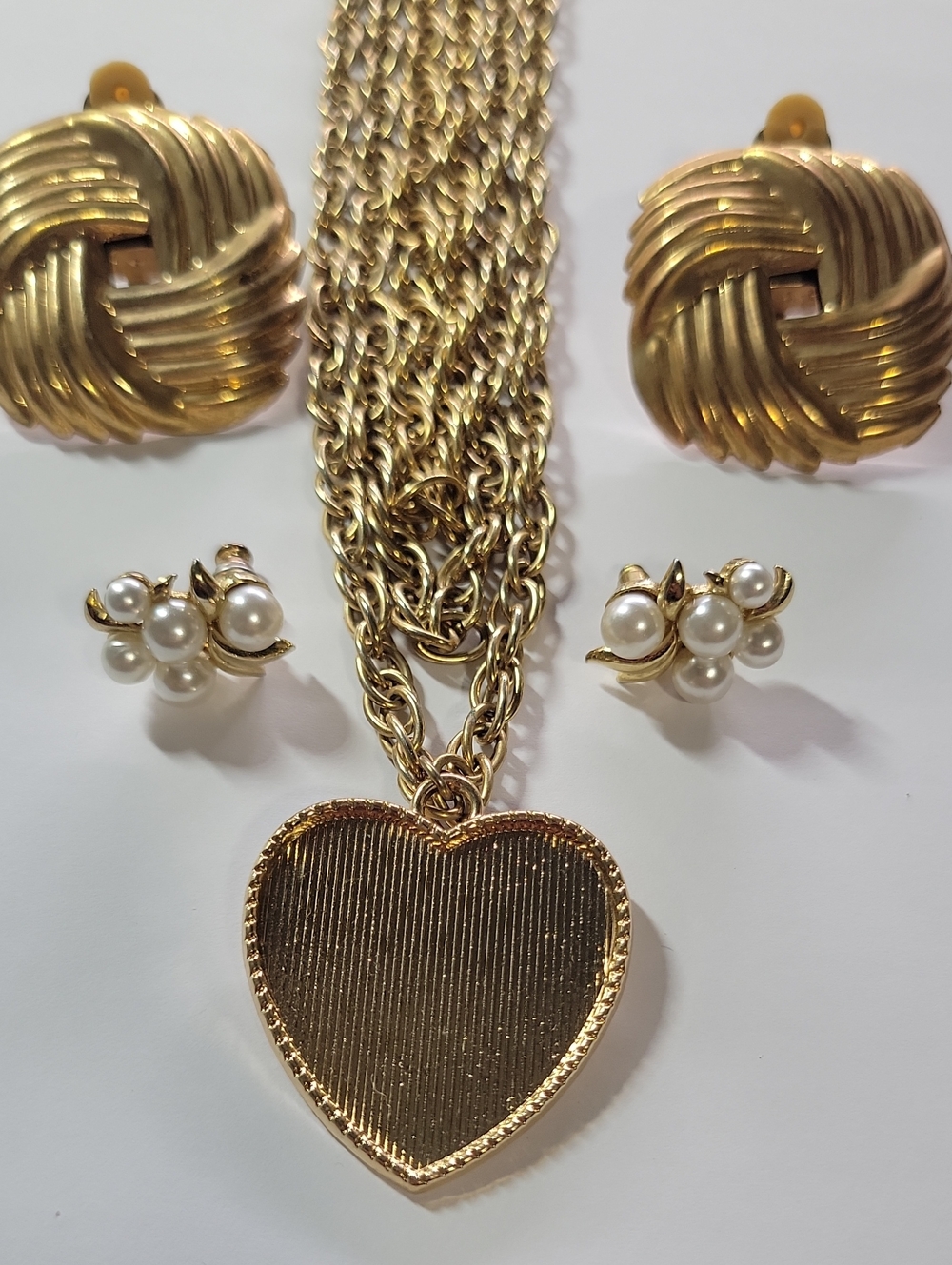 Gold Tone Heart Pendant Necklace with Pearl Accent Earrings - Women Jewelry